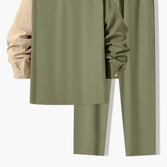 Tan And Green Mens Shirt And Pants Set - Picture 4 of 7
